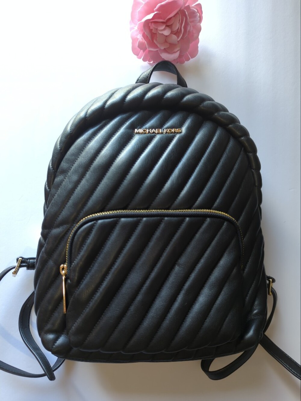 Michael Kors Soft Black Leather Quilted Backpack with Gold-Tone Accents